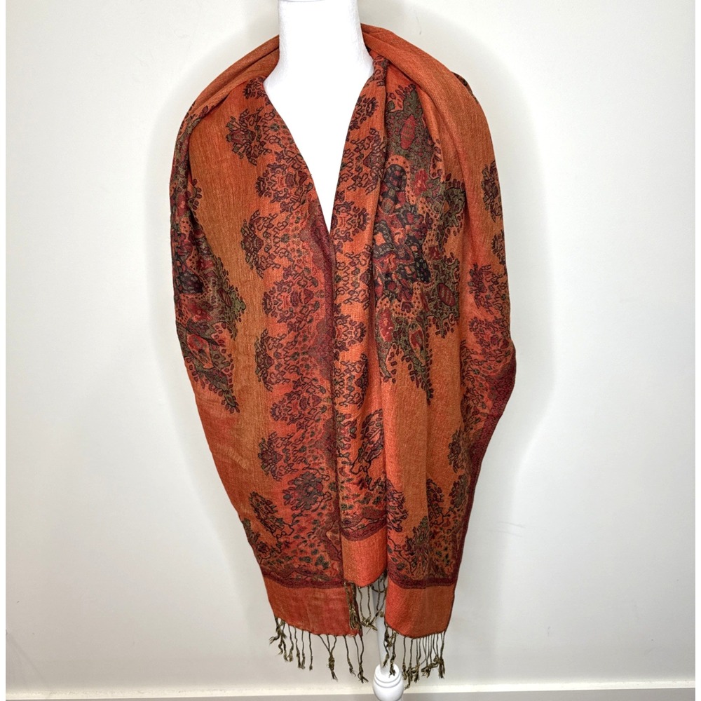 Pashmina Silk Scarf Shawl Wrap Red Orange Brown Fringe Old Money‎ Luxury 66"x27"